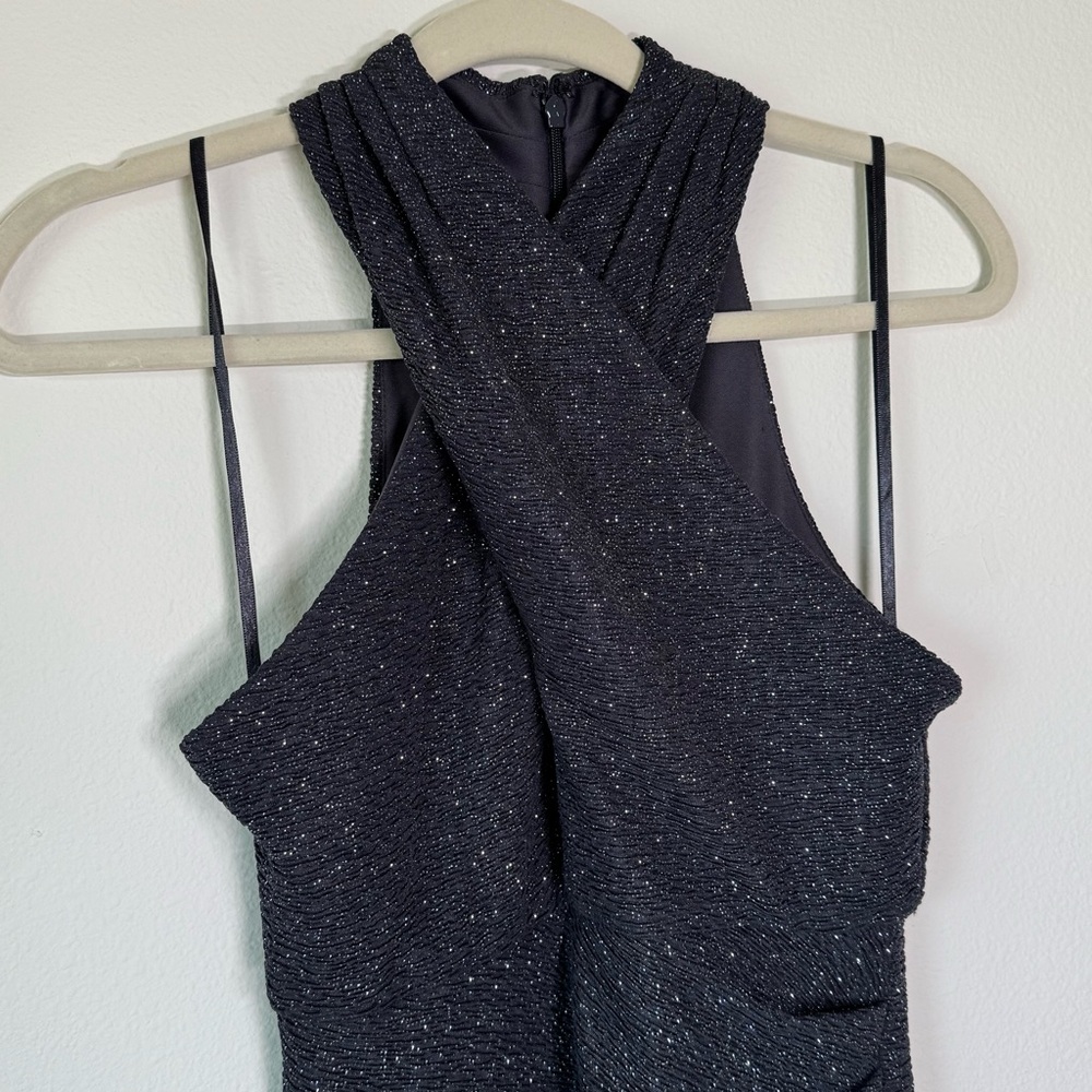 Eliza J Shimmer Black‎ twist halter ruched mini dress size 2 - Picture 4 of 10